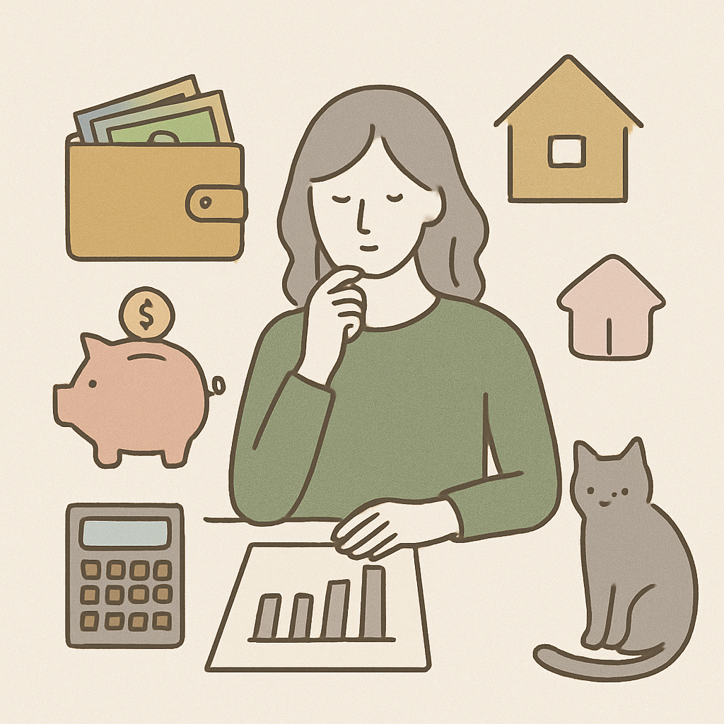 家計管理やお金の見直しをイメージした北欧イラスト風の画像