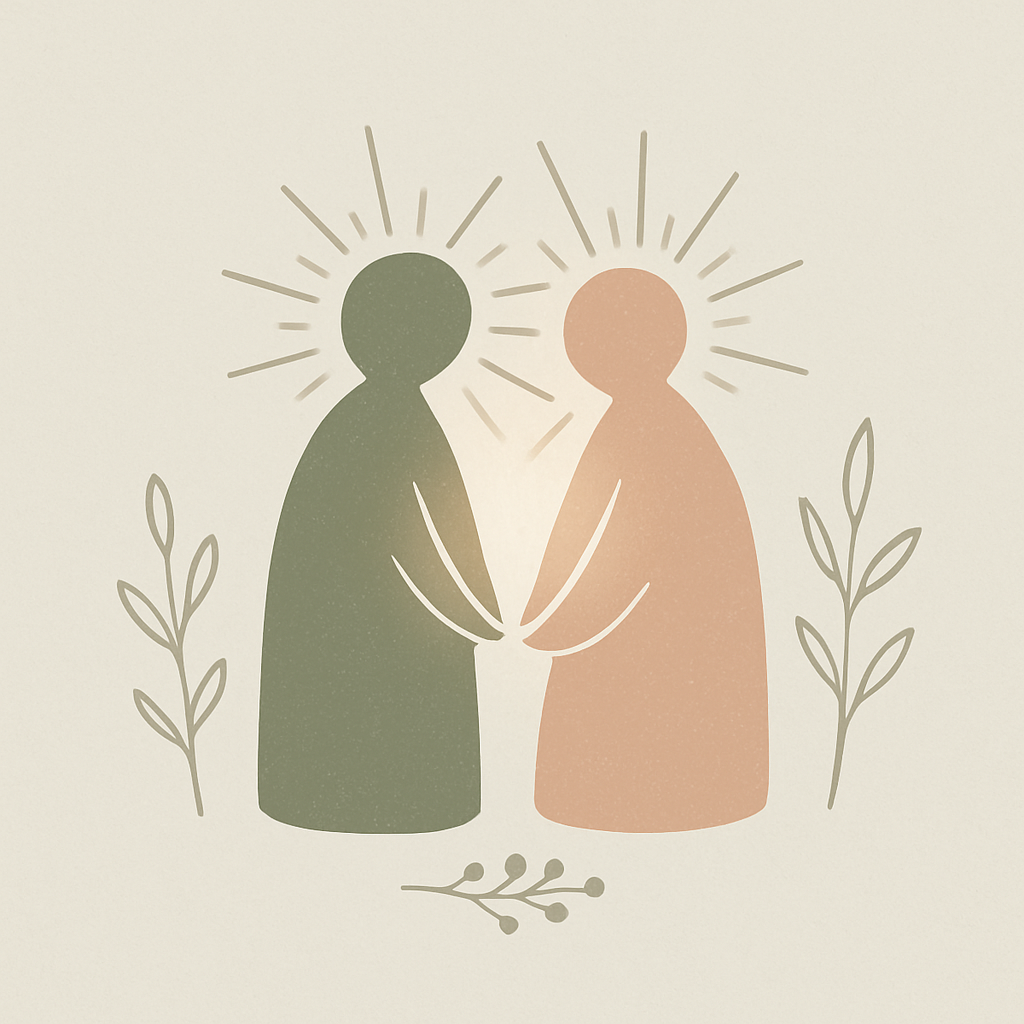 ツインレイをイメージした2つの光が寄り添う北欧イラスト風の画像