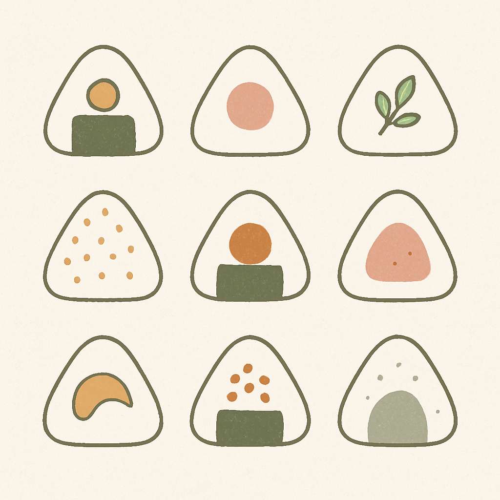 さまざまな具材のおにぎりが並んだイメージ