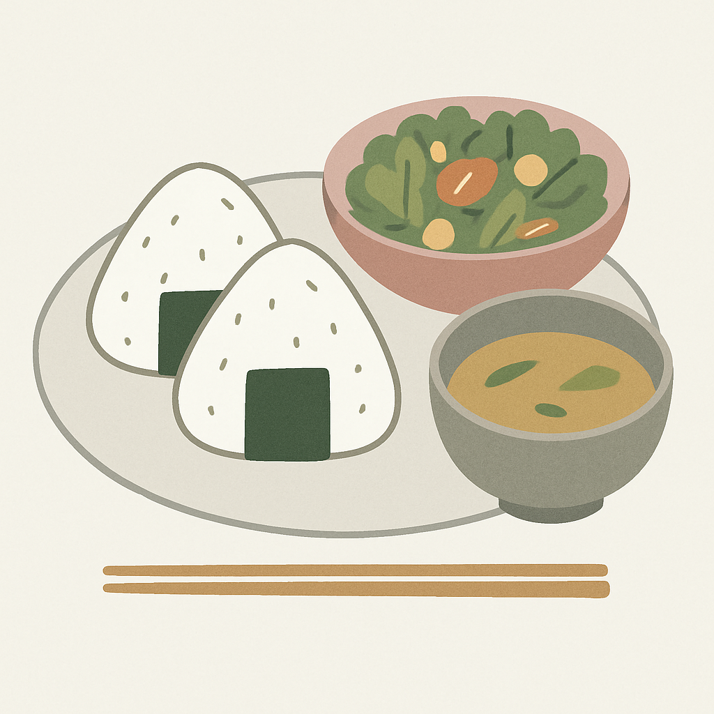 おにぎりとサラダや味噌汁がセットになったランチのイメージ