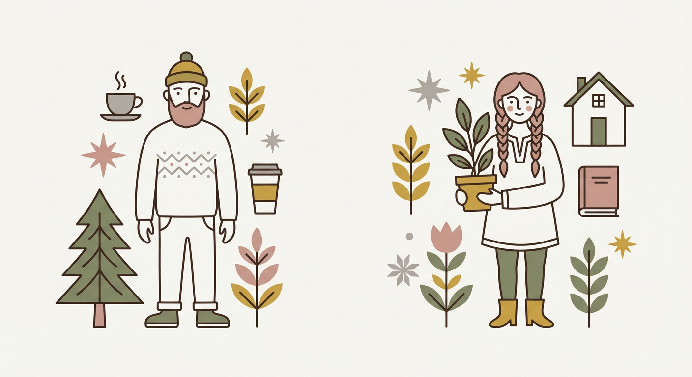 AB型男性と女性のイメージを並べた北欧イラスト風画像