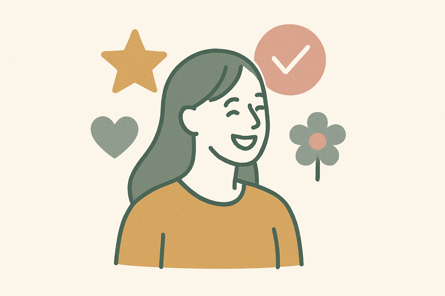 笑顔の女性シルエットとポジティブなアイコン(北欧イラスト風)