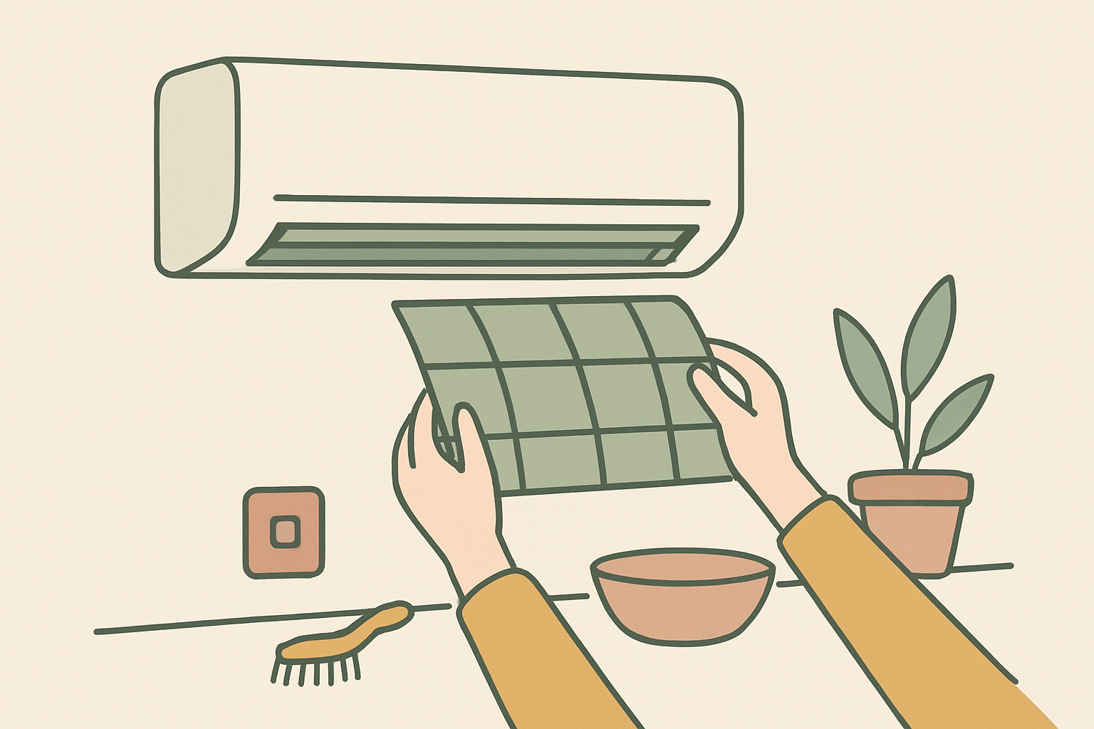 エアコンフィルターを取り外して掃除する手順のイメージ