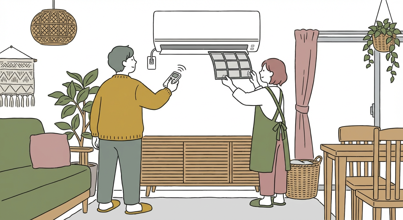 エアコンのリモコンやフィルターをチェックしている様子のイラスト