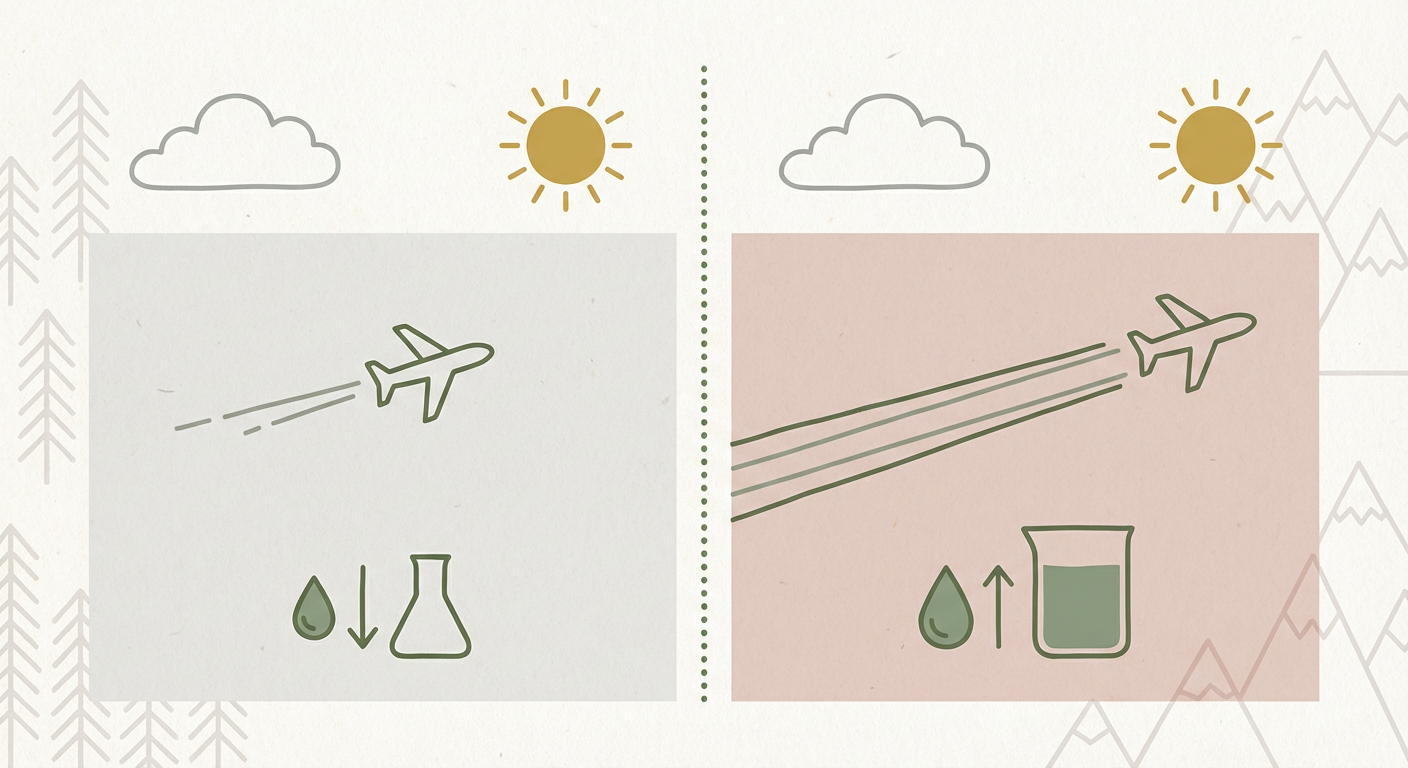 上空の湿度と飛行機雲の持続時間の関係を示すイラスト