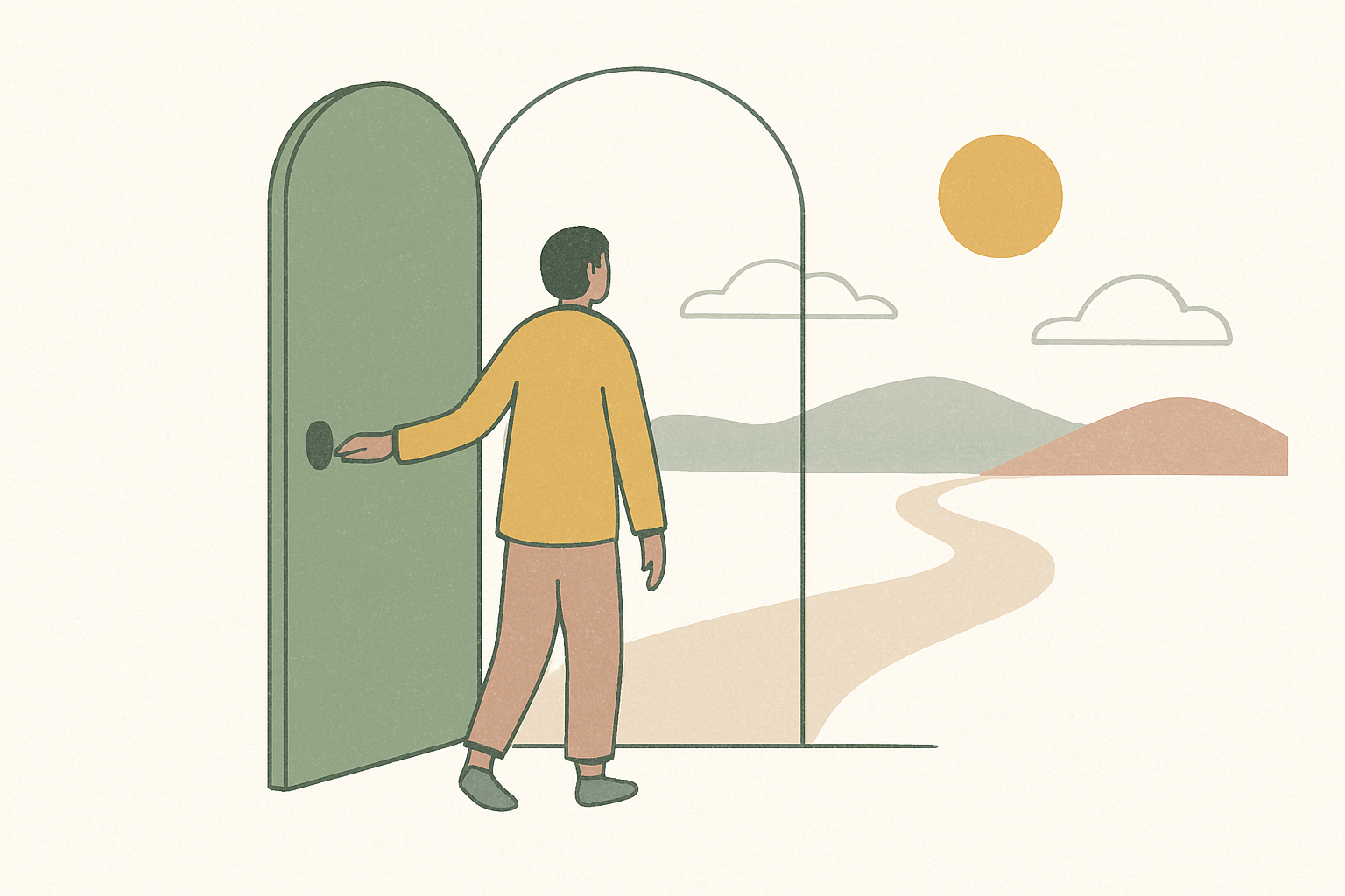 新しい一歩を踏み出すイメージ（扉を開ける、道が広がるなど）