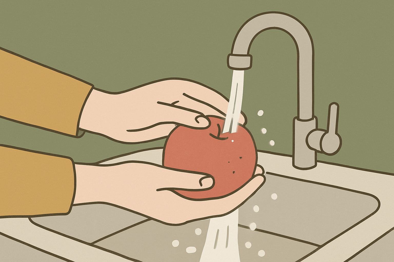 流水でりんごを洗っている様子