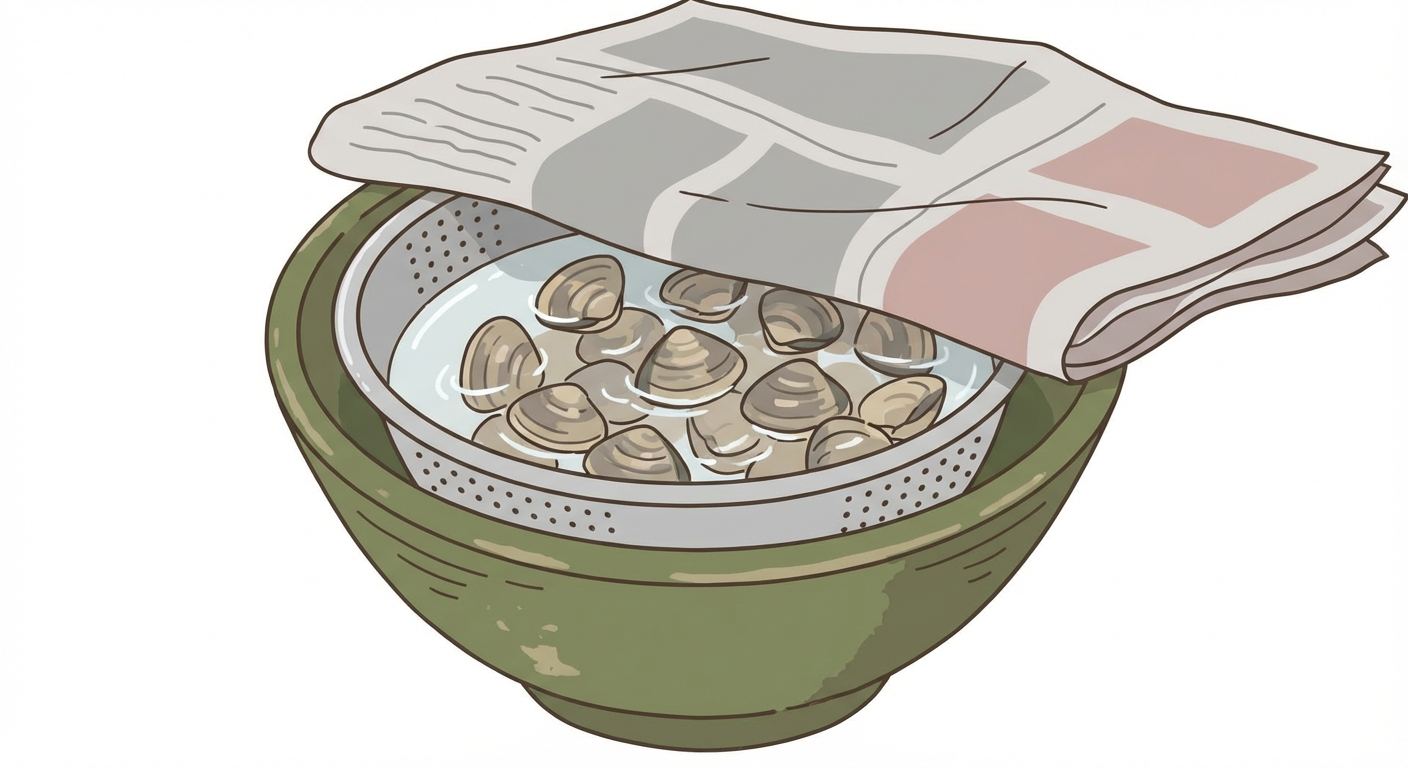 あさりの砂抜きの全体像（ボウル・ザル・塩水・新聞紙のセット）