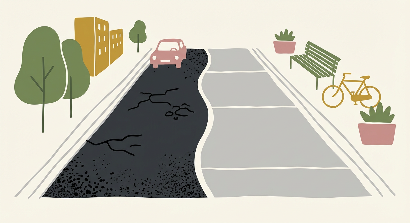 アスファルト（黒舗装）とコンクリート（白舗装）の見た目を比較するイメージ