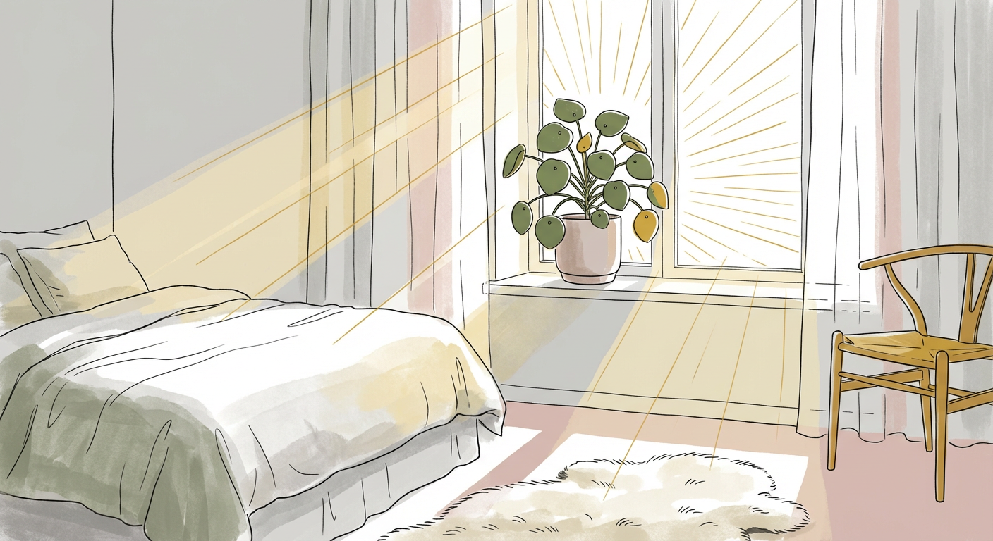 寝室の窓辺に置かれた丸い葉の観葉植物が朝日に照らされているおしゃれな光景