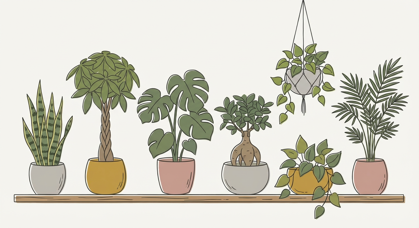 サンスベリア・パキラ・モンステラ・ガジュマル・ポトス・テーブルヤシの6種類が並んだ比較写真風イラスト