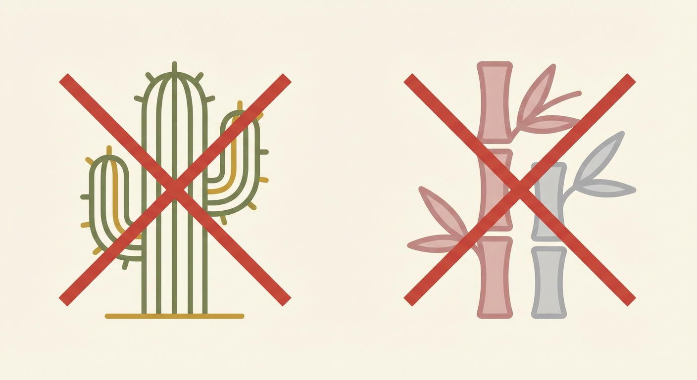 サボテンや竹など寝室に向かないNG植物のアイコン風イラスト（赤い&times;マーク付き）