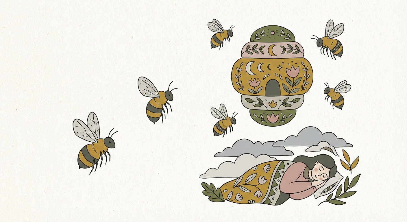 蜂と夢の世界をイメージしたイラスト（北欧風・くすみカラー）