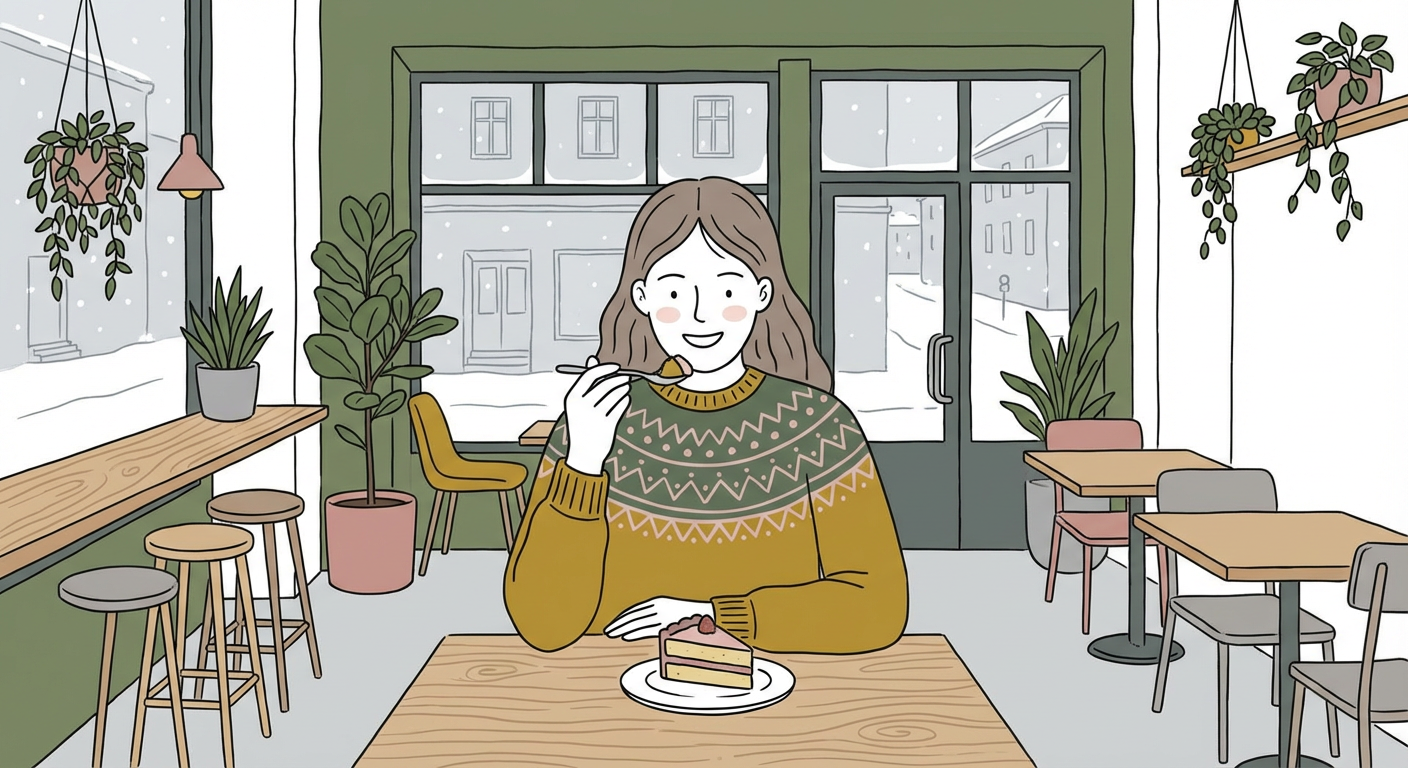 カフェで一人でケーキを楽しむ女性のイメージ