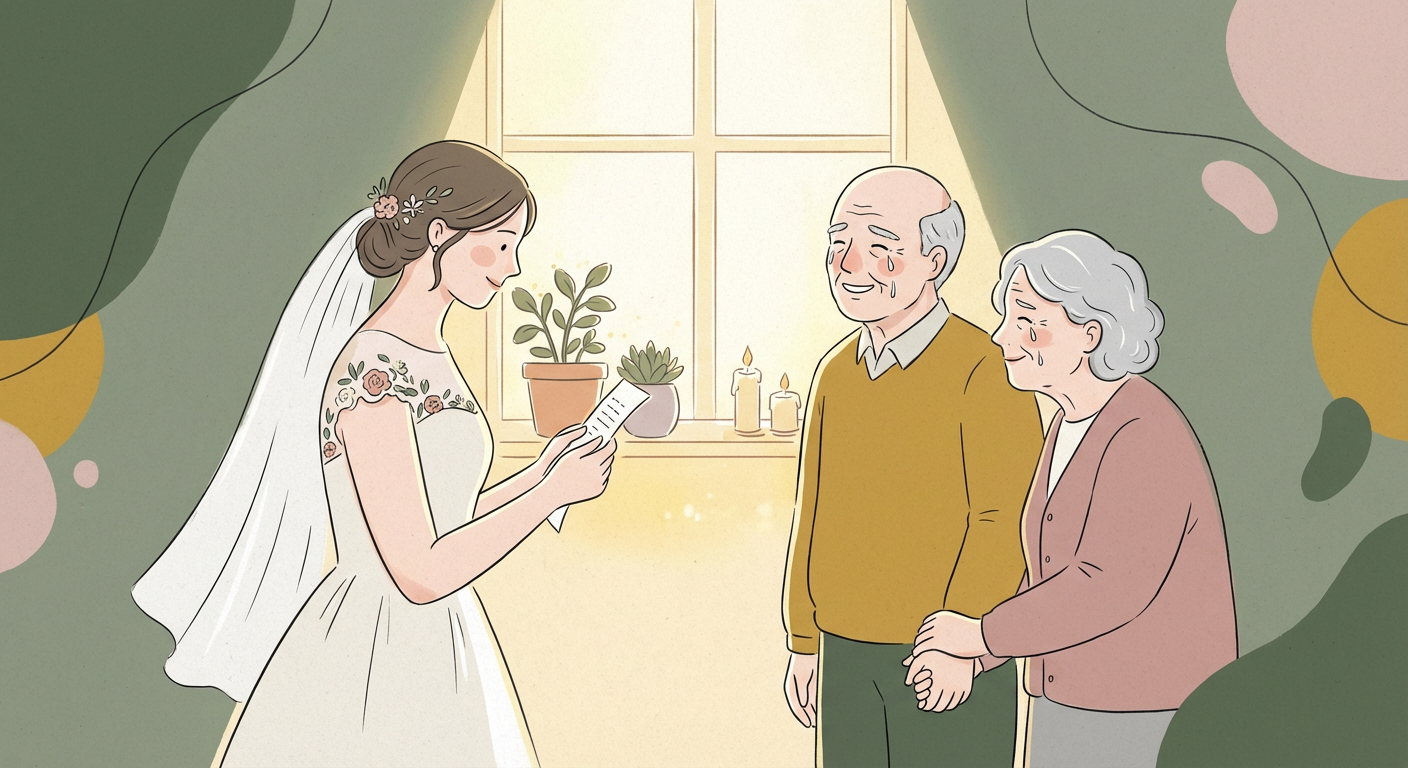 ウェディングドレスの花嫁が両親へ手紙を読んでいる感動的な場面、背景に温かい光、北欧イラスト風・くすみカラーで柔らかい雰囲気