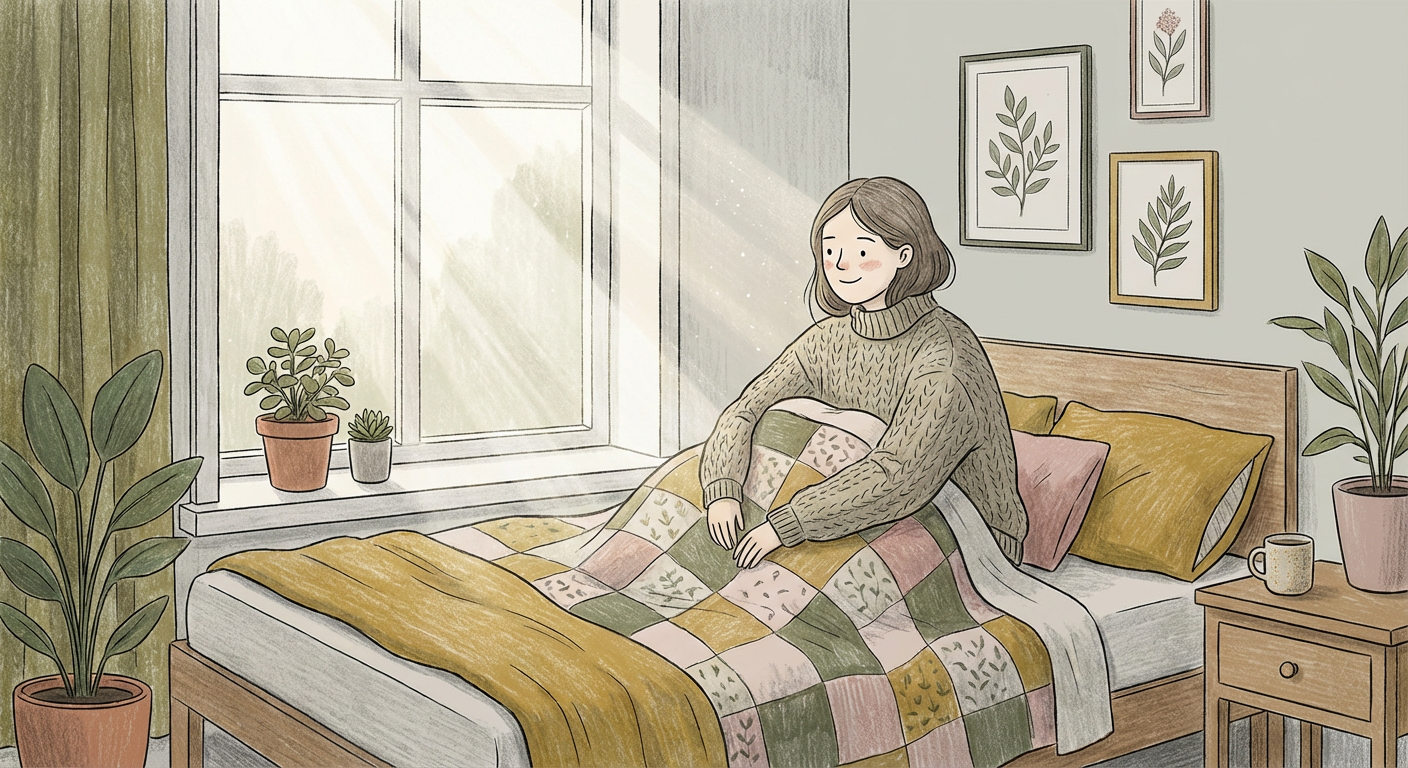 朝日の差し込む寝室でほっとした表情の女性のイラスト（北欧イラスト風・くすみカラー）