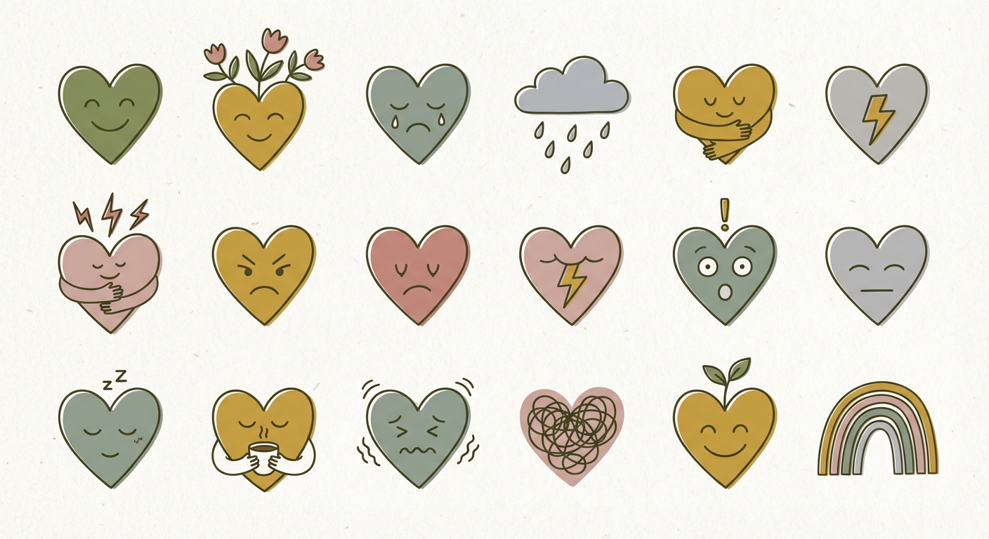 さまざまな感情を表すハートマークのイラスト集（北欧イラスト風）