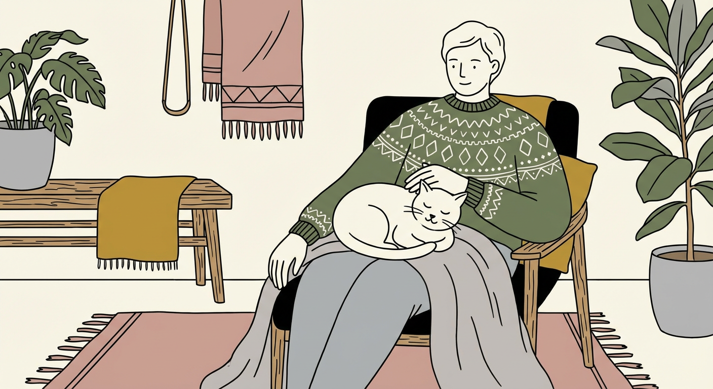 猫を膝にのせて撫でる人のイメージ