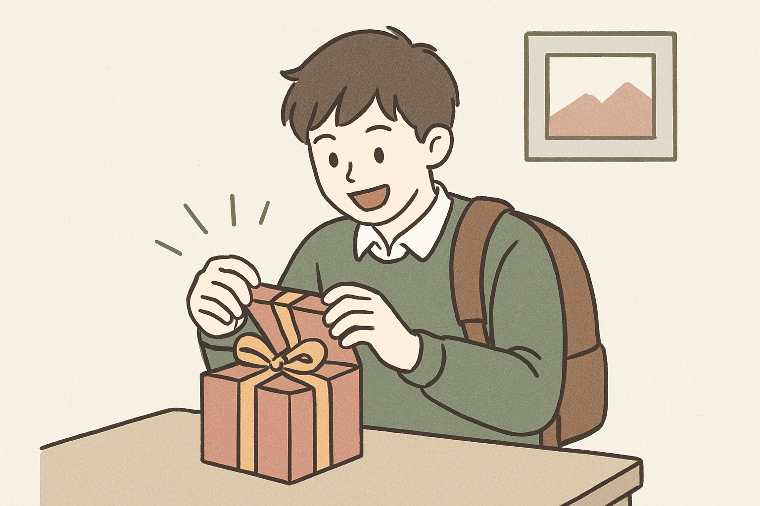 男子高校生がプレゼントを開けて喜んでいるイメージ