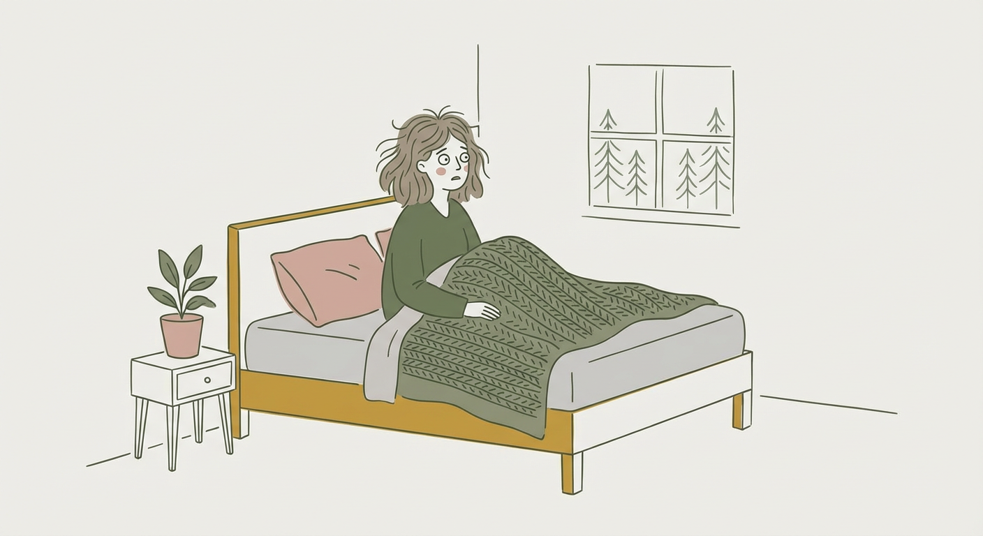 ベッドで目覚めて不安そうな女性のイメージ（北欧イラスト風）
