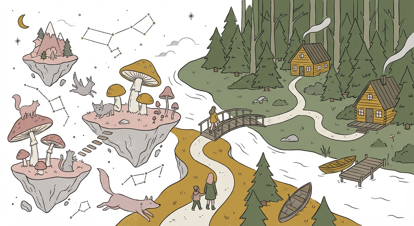 夢と現実の境界を表すイメージ（北欧イラスト風）