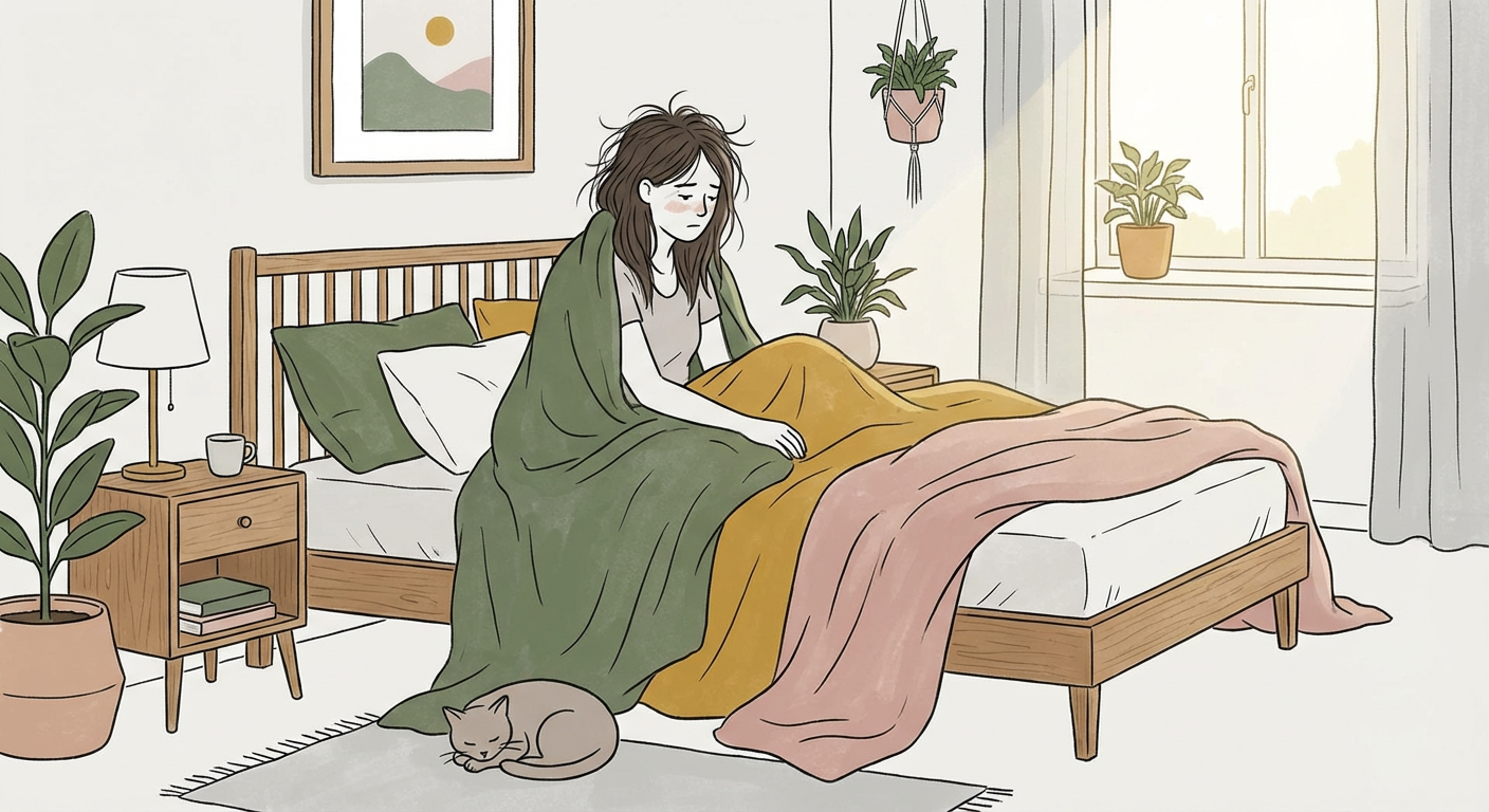 朝目覚めて少しモヤモヤしている女性のイメージ