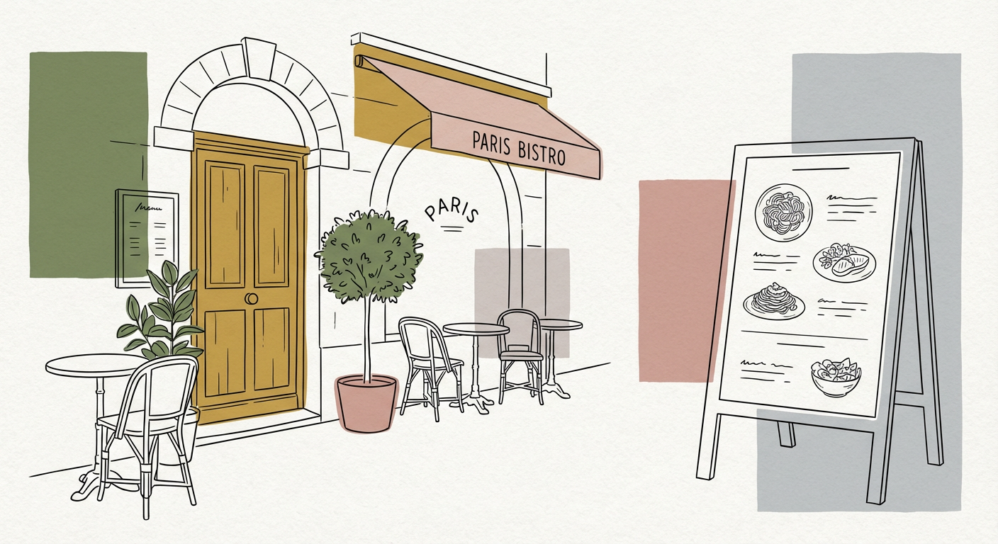 パリのビストロの入口やメニューボードのイメージ画像