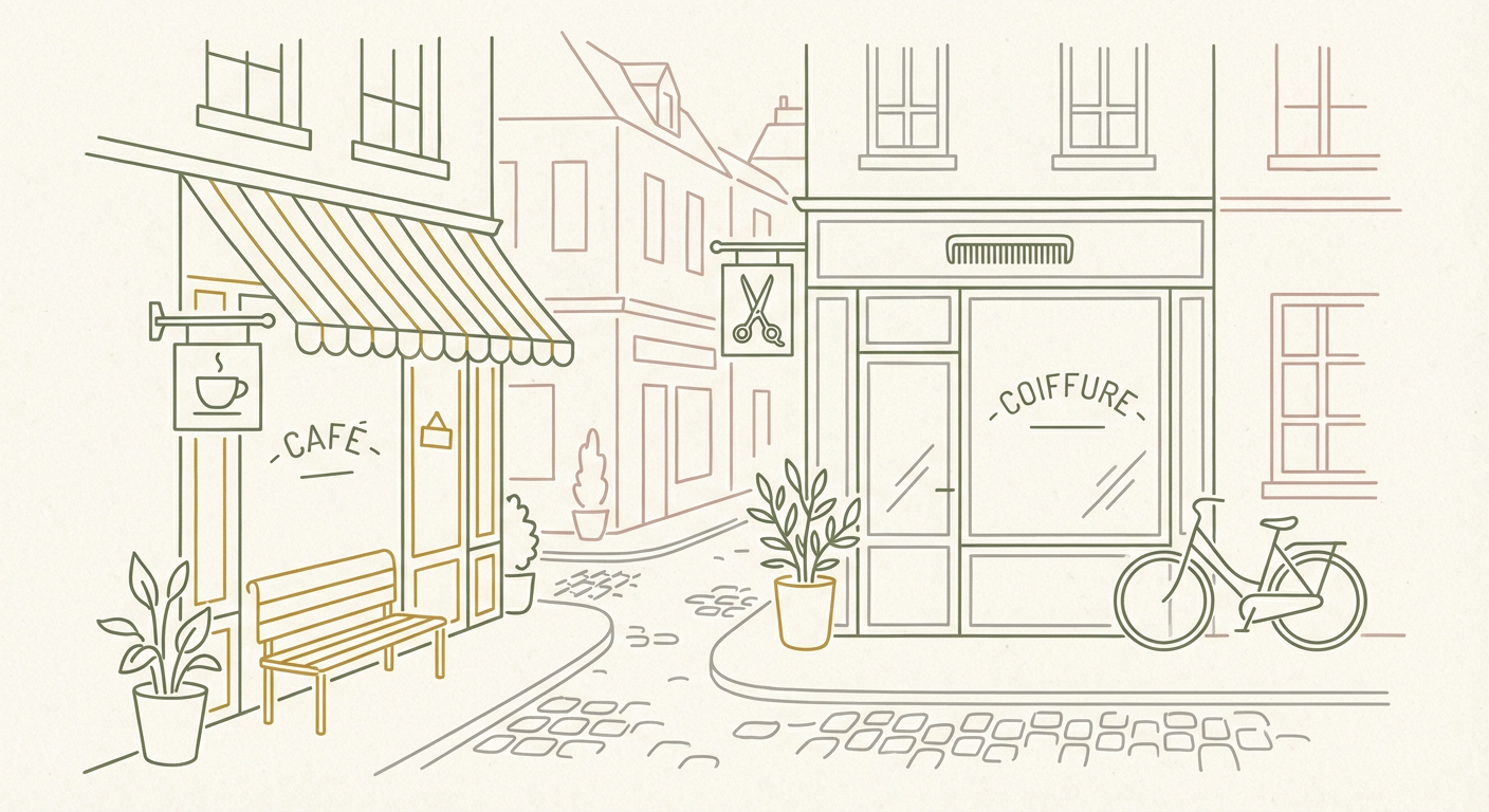 フランスの街角でカフェや美容院の看板が並ぶ風景