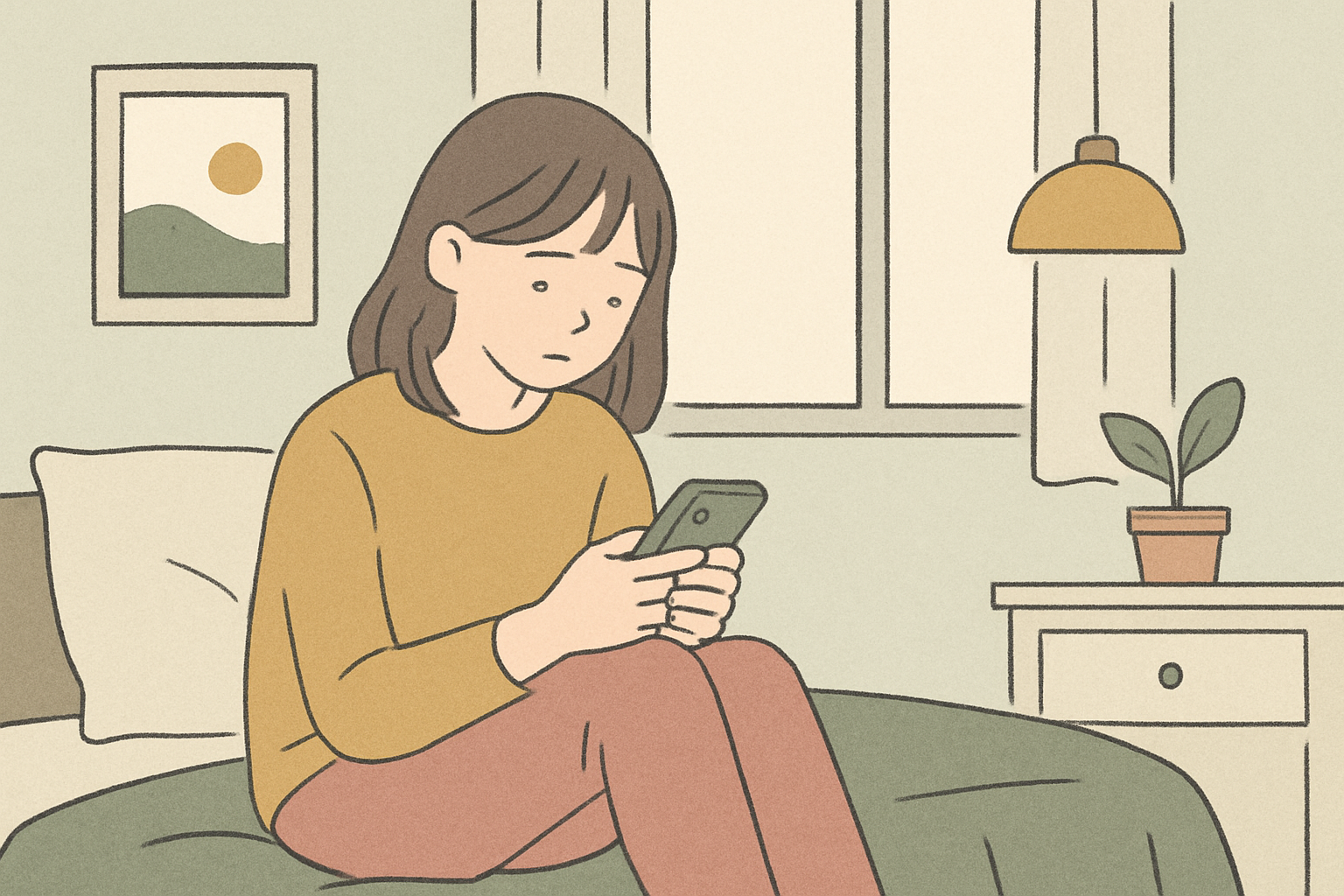 思春期の中学生女子が部屋でスマホを見ているイメージ（北欧イラスト風）