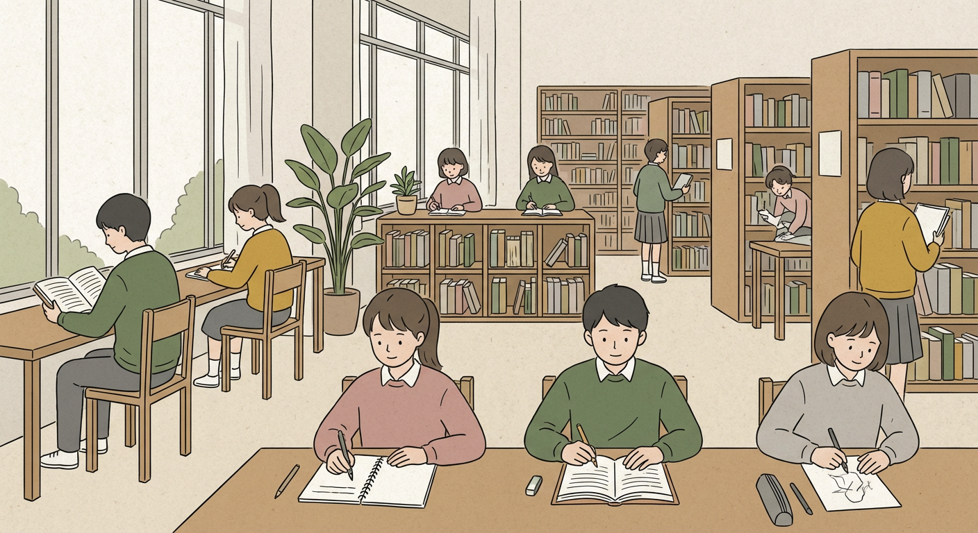 中学生が図書館で本を読んだり自由研究のメモを取ったりしている様子、北欧イラスト風