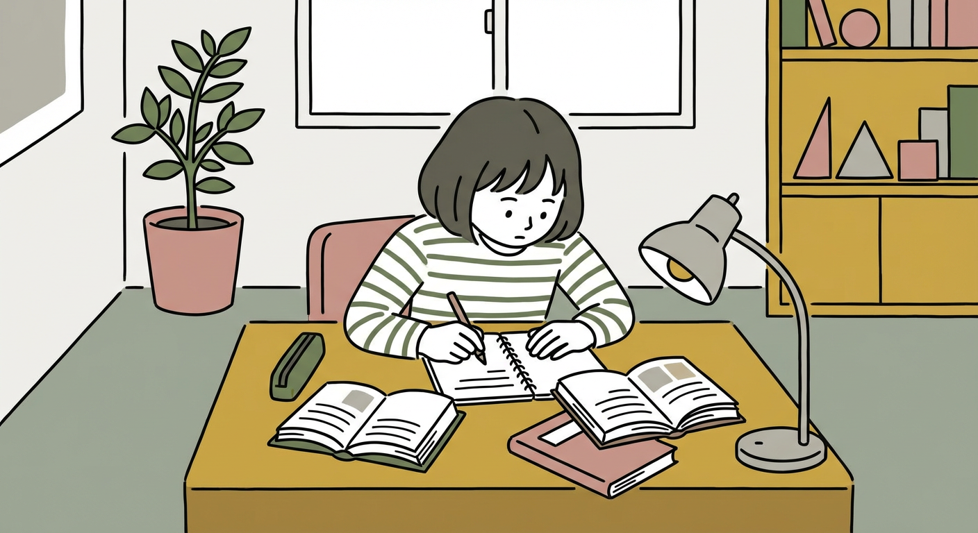 中学生が机に向かって集中して勉強しているイメージイラスト