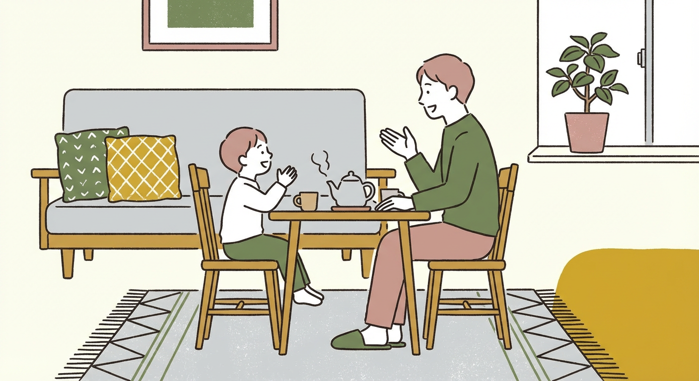 親子で笑顔で会話しているリビングのイメージイラスト