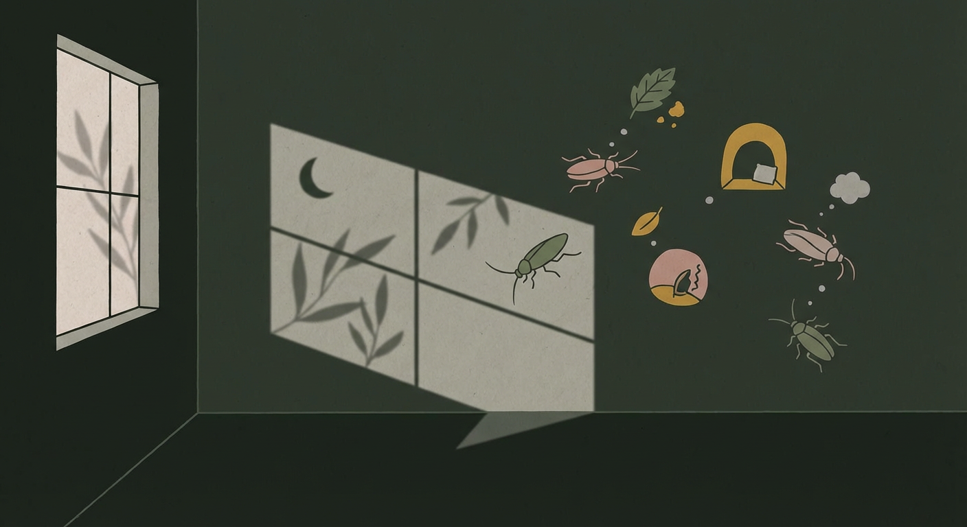 ゴキブリの夢のイメージ（暗い部屋に薄く影が差すイラスト）