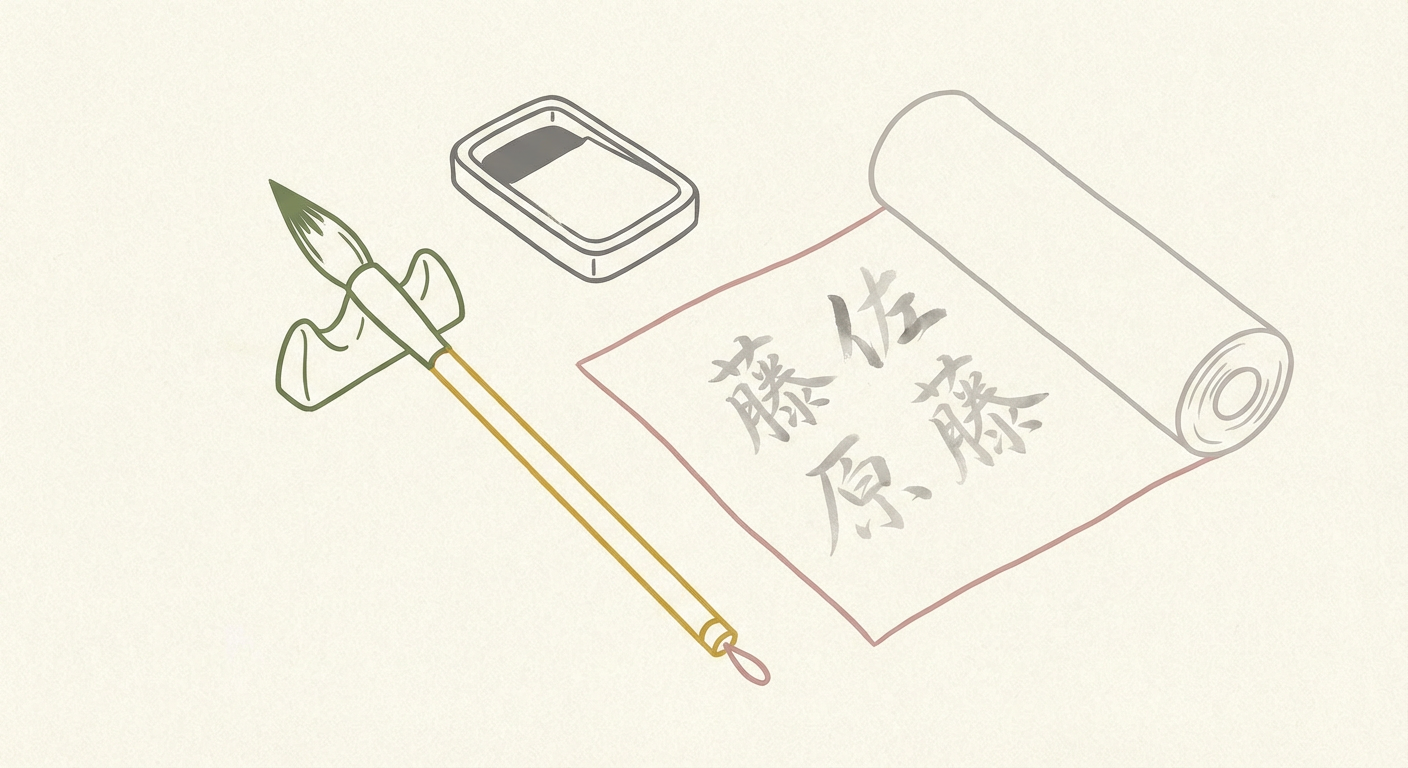 和風の苗字をイメージさせる、書道筆と和紙のイラスト