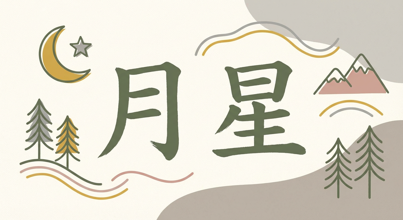 漢字一文字の苗字を連想させる、墨書きの「月」「星」などの文字イメージ