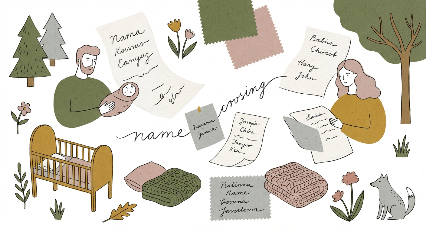 北欧イラスト風の手書き「名前選び」のイメージ