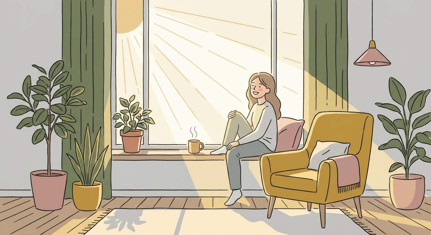 窓から差し込む朝日のイメージ(心の変化・前向きさ)