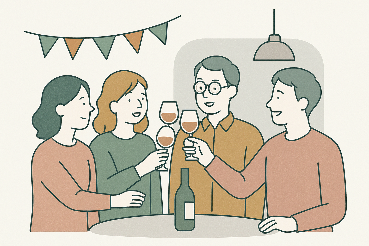同窓会で乾杯するイメージイラスト（北欧テイスト）