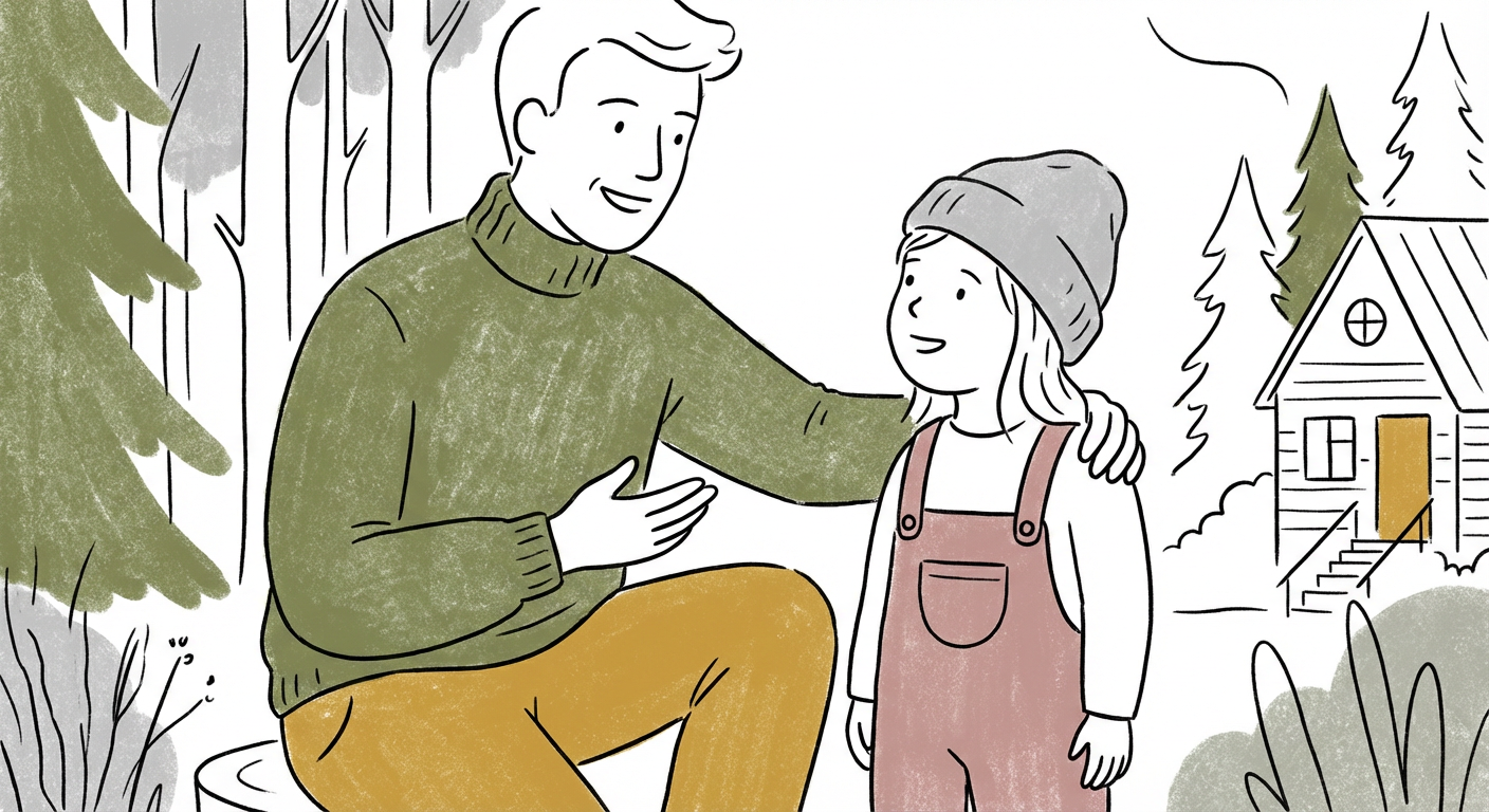 親が笑顔で子どもの肩に手を置いて話しかけている温かいイラスト