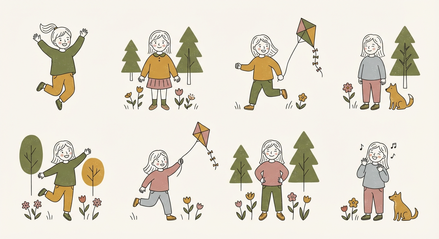 低学年の女の子がカジュアルな子供服を着て元気に遊んでいるイメージイラスト