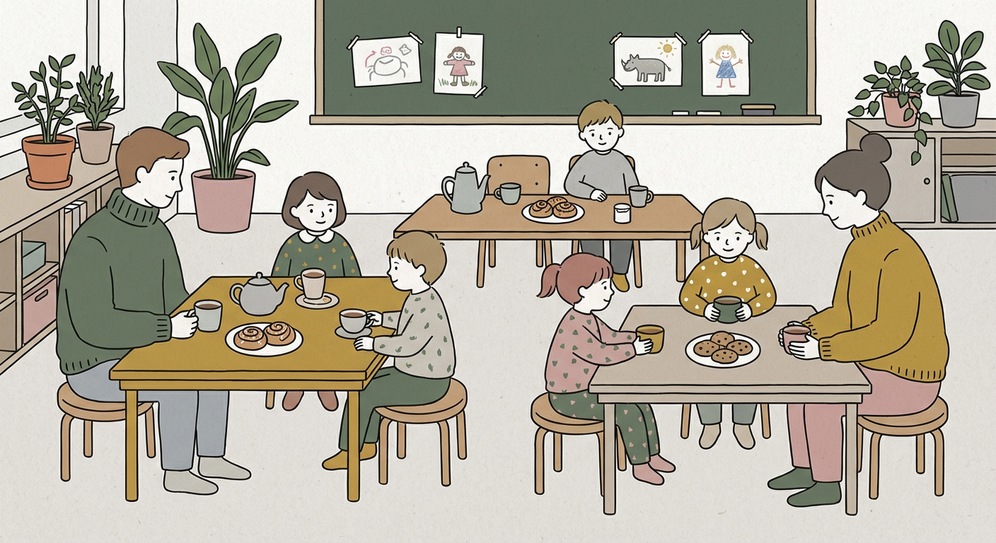 教室でお茶とお菓子を囲む保護者と子どもたちのイラスト