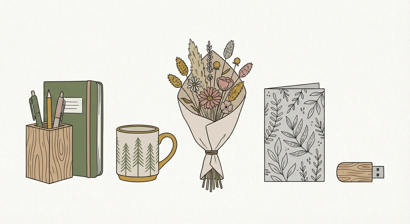 先生への贈り物5種類（文房具・マグカップ・花束・色紙・USBメモリ）が並んだイラスト
