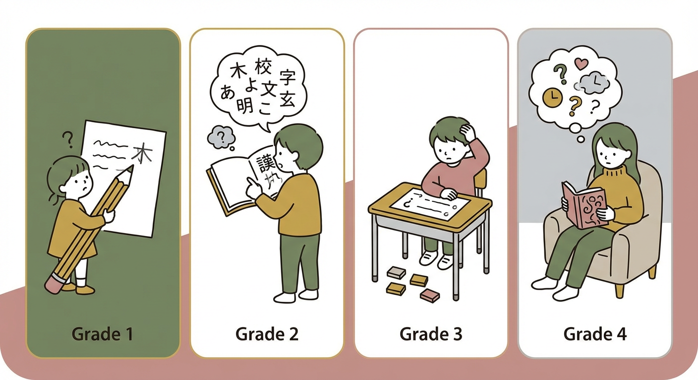 学年別の国語つまずきポイントをまとめたイラスト