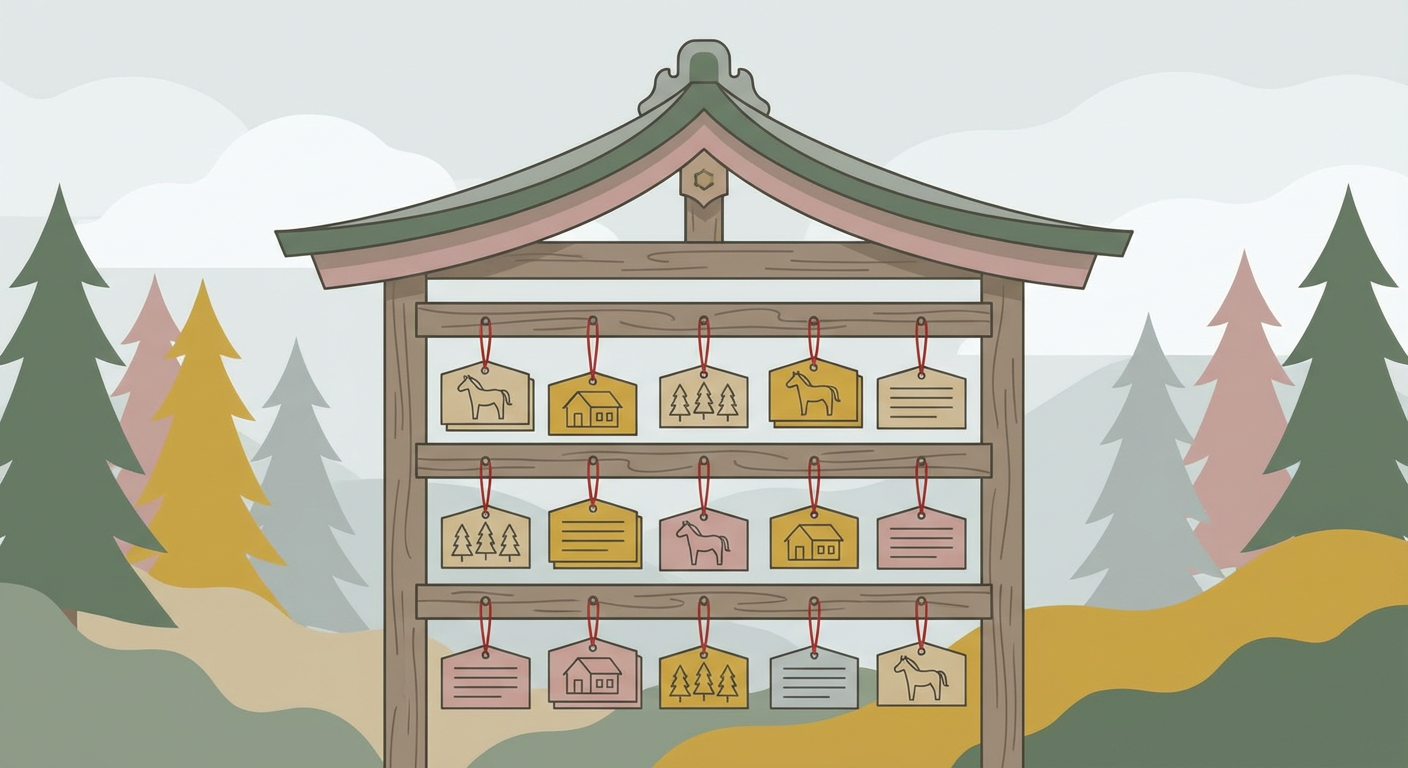 神社の絵馬掛けに吊るされた絵馬のイメージ