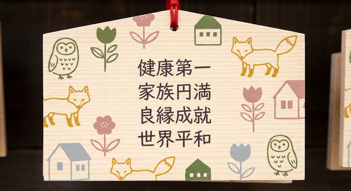 願い事が書かれた絵馬のイメージ(文字が読める程度のアップ)