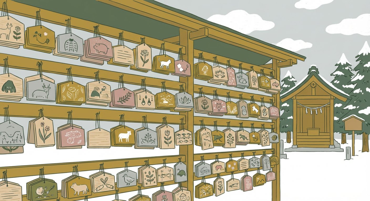 さまざまなデザインの絵馬が並ぶ絵馬掛けの風景