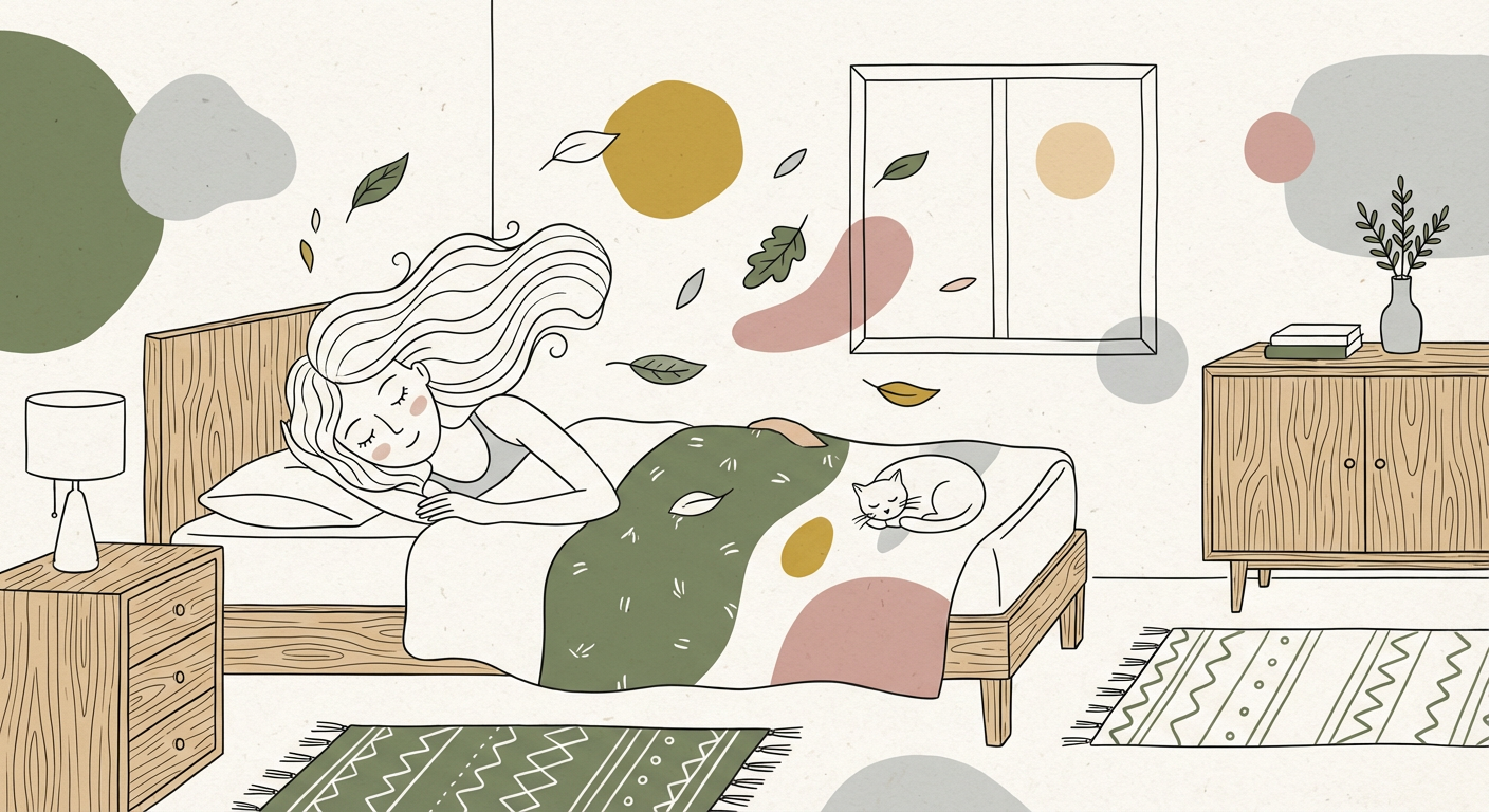 朝、夢の余韻に浸る女性のイメージ（北欧イラスト風）