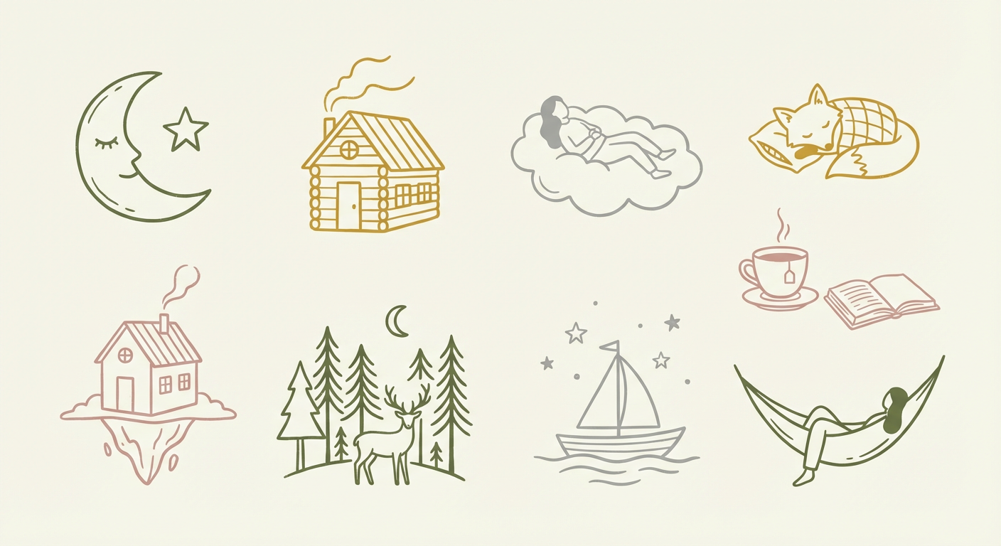 夢のシチュエーションをイメージしたアイコン集（北欧イラスト風）