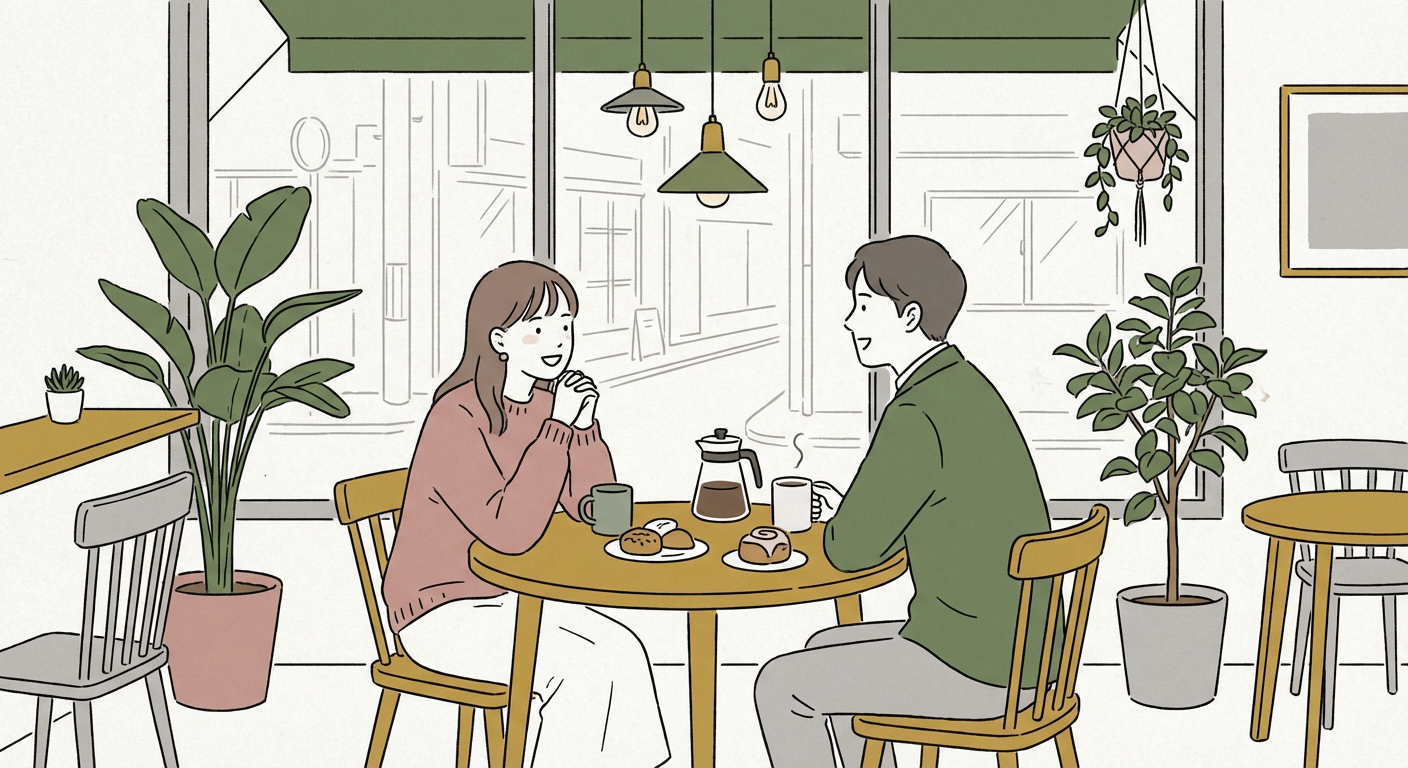 デート中のカップルがカフェで会話しているイメージイラスト（北欧イラスト風・くすみカラー）
