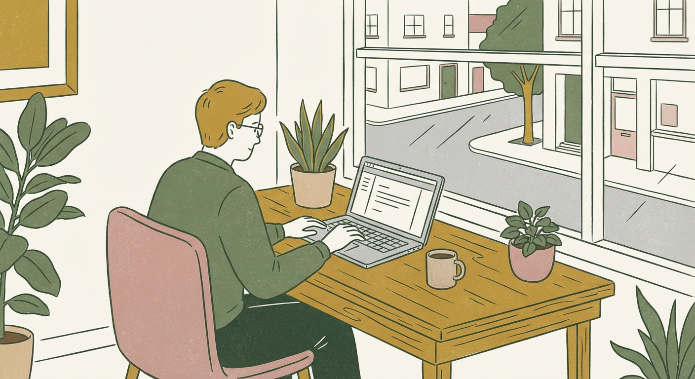 オフィスでメールを作成しているイメージ（北欧イラスト風）